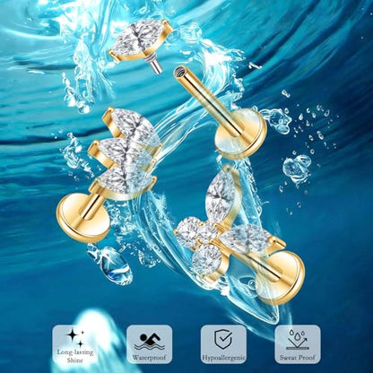 limerencia Titanium Internally Threaded Flat Back Earrings, 3 Pcs Implant Grade Hypoallergenic Studs, 18G Tragus Helix Conch Cartilage Piercing Jewelry for Sensitive Ears Women Men, Gold/Silver - color: Gold-Vibe C