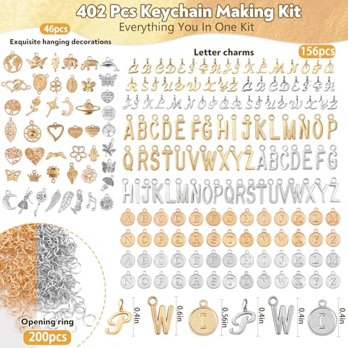 402 Pcs Gold & Silver Charms for Jewelry Making | Includes 156 Letter Initial, 46 Charms & 200 Jump Rings for Keychains, Bracelets, Necklaces, Earrings, DIY Crafts - color: Gold Charm & Sliver Charm-402P