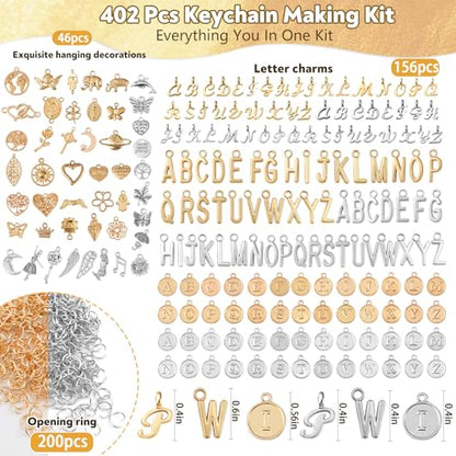402 Pcs Gold & Silver Charms for Jewelry Making | Includes 156 Letter Initial, 46 Charms & 200 Jump Rings for Keychains, Bracelets, Necklaces, Earrings, DIY Crafts - color: Gold Charm & Sliver Charm-402P