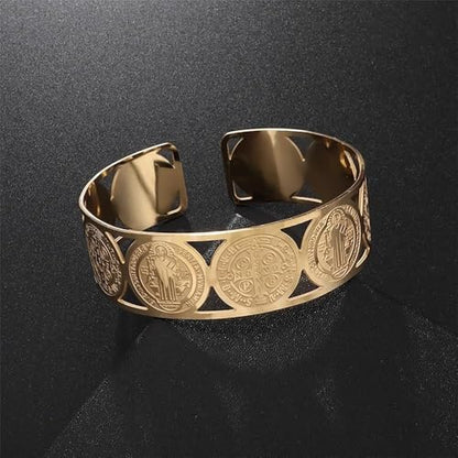 My Daily Styles Stainless Steel Cross St. Benedict Religious Christian Open End Cuff Bangle