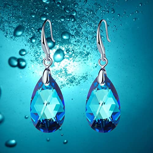Austrian Crystal Teardrop Dangle Hook Earrings for Women 14K Gold Plated Hypoallergenic Jewelry - color: Bermuda Blue