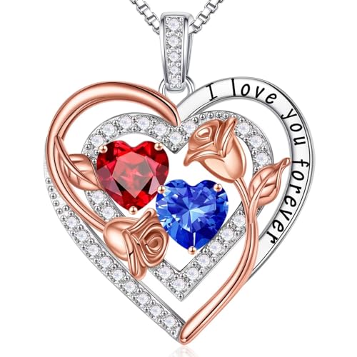 Iefil Heart Birthstone Necklace for Women - Double Birthstone Jewelry | 925 Sterling Silver, Gift Box Packaging, Anniversary Birthday Gifts for Women Wife Mom - color: 01-09-Jan-Sept Birthstone