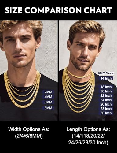 Bandmax Solid Stainless Steel Flat Box Link Chains 2MM/4MM/6MM/8MM Silver/Gold/Black Rolo Cable Chain Necklaces for Men Women 14"-30" Length, Gift Packed - color: 09 6MM-14K Gold Plated