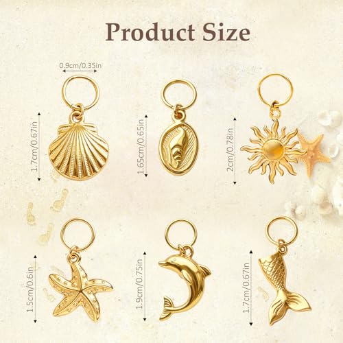 Gold Bikini Charms Stainless Steel Beach Charms for Women Swimwear Accessories Waterproof Beach Jewelry Mermaid Shell Starfish Summer Keychain 6Pcs