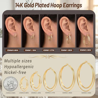 LOUMILEO 14k Gold Plated 925 Sterling Silver Post Double Hoop Earrings Hypoallergenic Lightweight Thin Large Hoop Earrings for Women 25/30/40/50/60mm - color: gold-25mm