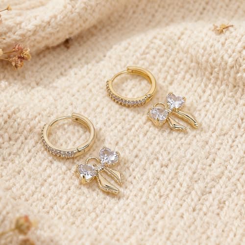 Sonateomber Gold Silver Small Hoop Dangle Earrings for Women, Trendy Dainty Rhinestone CZ Dangling Prom Wedding Leaf Flower Snowflake Butterfly Starfish Fashion Jewelry Gift - color: Gold Bow