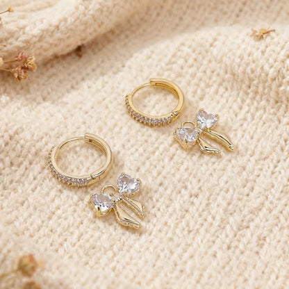 Sonateomber Gold Silver Small Hoop Dangle Earrings for Women, Trendy Dainty Rhinestone CZ Dangling Prom Wedding Leaf Flower Snowflake Butterfly Starfish Fashion Jewelry Gift - color: Gold Bow