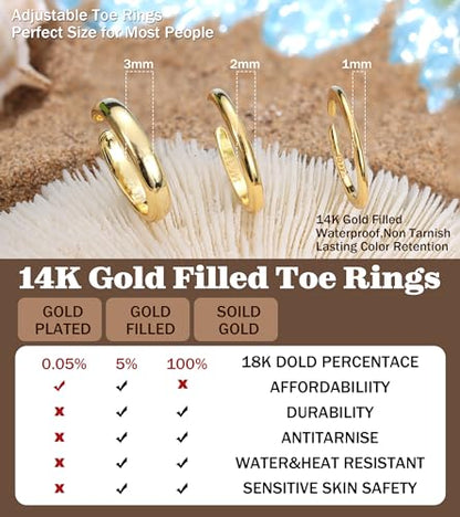 ADRAMATA Gold Toe Rings for Women Non Tarnish-14K Gold Gilled Toe Ring Set | Waterproof Adjustable Open Toe Rings Hypoallergenic,Thin Bands,Summer Beach Foot Jewelry,Simple 1mm 2mm 3mm Band Ring.3 PCS - style: Simple Band Toe Rings