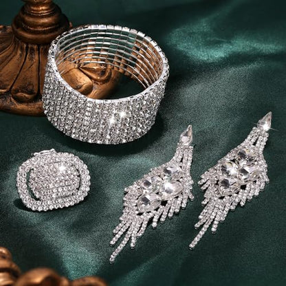Rhinestone Bridal Jewelry Set for Women Earrings Bracelet Ring | Sparkling Rhinestone, Stretch Bracelet Ring, Dangle Tassel Earrings Set, Costume Jewelry, Rhinestone Jewelry Set for Women - style: Set 2