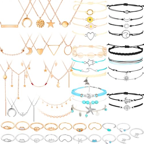 Batiyeer 60 Pcs Boho Surfer Wave Bracelet and Necklace Set for Women, Summer Beach Y2k Layered Choker Anklets Knuckle Rings - style: Boho
