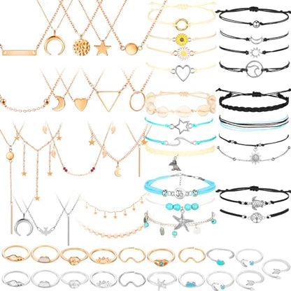 Batiyeer 60 Pcs Boho Surfer Wave Bracelet and Necklace Set for Women, Summer Beach Y2k Layered Choker Anklets Knuckle Rings - style: Boho