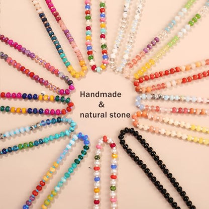 Joya Love Colorful Gemstone Beaded Necklaces For Women Trendy Rainbow Natural Stone Boho Handmade Stainless Steel Waterproof Strand Necklaces Jewelry For Women Gift - color: White