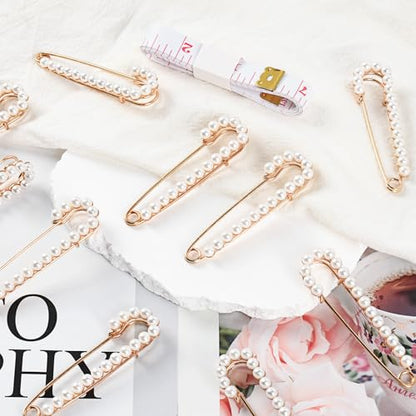 Faux Pearl Safety Pins, 10pcs 2.95inch Sweater Shawl Clip Brooch Pins for Women Clothing Dress Pants Skirt Waist Pants Extender Dressing Accessories (Gold)