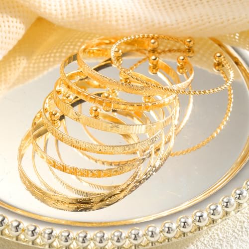 7 Pcs Gold Bangle Bracelets Multi Layer Stackable Cuff Bracelet Set Trendy Elegance Charms Non Tarnish Minimalist Textured Boho Jewelry for Women - color: Gold