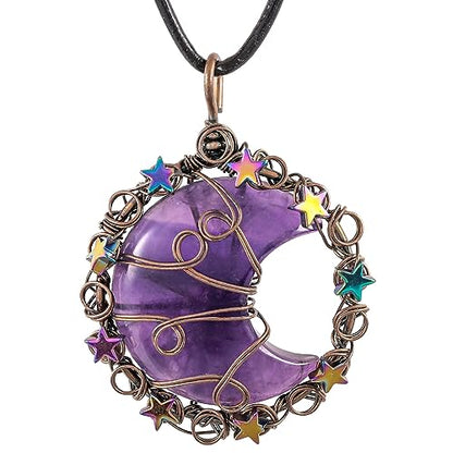 TUMBEELLUWA Crescent Moon Star Crystal Necklace for Women Men | Copper Wire Wrapped Crystal Necklace, Reiki Healing Crystals Necklace, Adjustable Waxed Cord, Celestial Whimsygoth Jewelry