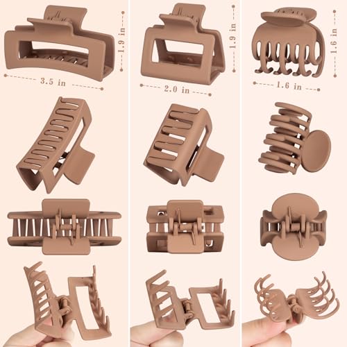 12 Pcs Hair Clips for Women 3 Styles Small Medium Large Claw Clips for Thin Thick Hair, Strong Hold Non-Slip Matte Hair Accessories - color: Brown