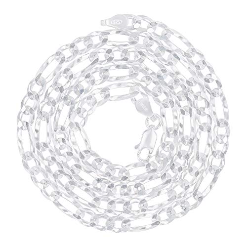 14K Gold or Rhodium Plated Silver Figaro Diamond Cut Pave Chain For Men | 1mm-13mm Thick | Solid 925 Figaro Italian Necklaces For Men - style: 4.50MM- White