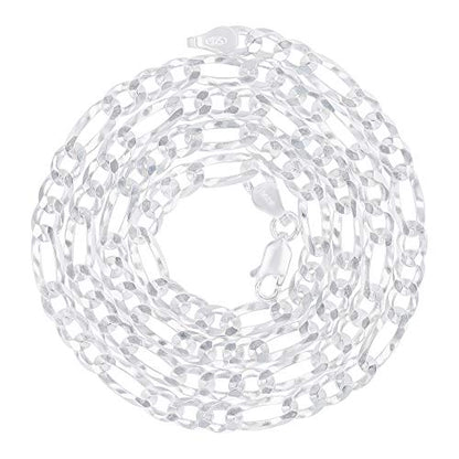 14K Gold or Rhodium Plated Silver Figaro Diamond Cut Pave Chain For Men | 1mm-13mm Thick | Solid 925 Figaro Italian Necklaces For Men - style: 4.50MM- White