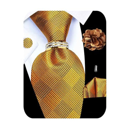 5PCS Mens Silk Tie, Pocket Square, Cufflinks, Drilled Tie Ring and Lapel Pin Set for Wedding Groom Party - color: Gold Tie Set -127