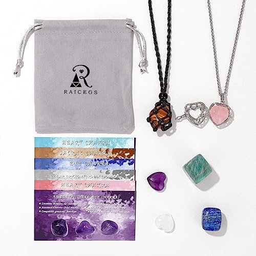 Raicegs Heart Shaped Crystals and Healing Stones 7 Chakra Crystal Necklace 0.8 inch Heart Gemstones Natural Stones Necklaces for Women Spiritual Gift for Women Teen - style: 6PCS