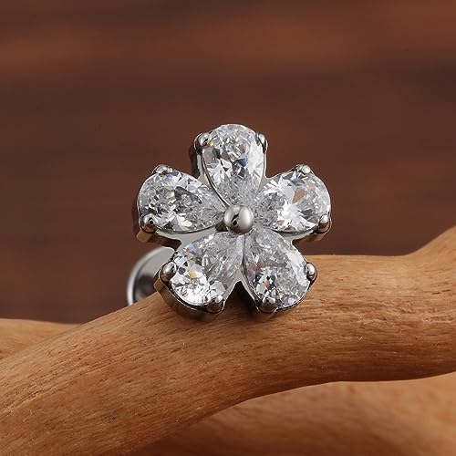 FINE4U 1PC ASTM F136 Titanium 16G Flatback Stud for Tragus, Helix, Conch 6mm 8mm - Screw on Cartilage Earring Piercing Jewelry - color: CZ Flower - Tit