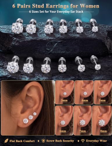 Fansilver 20G Hypoallergenic Flat Back Earrings for Women Men Silver 14K Gold Stainless Steel Stud Earrings Birthstone Cubic Zirconia Studs Surgical Steel Cartilage Earrings for Sensitive Ears - color: White