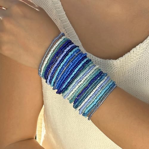 16-30Pcs Handmade Bohemian Colorful Crystal Seed Beads Stackable Adjustable Elastic Stretch Multilayerd Bracelets for Women Summer Vacation Beach Boho Bangle Jewelry - color: blue