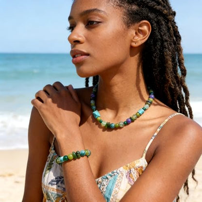 Boho Colorful Chunky Statement Beaded Necklaces for Women,Handmade Women's Fashion Gemstone Bead Choker Necklace,Western Natural Stone Strand Necklace Bib Collar Jewelry Unique Gifts for Women - color: 02-Green