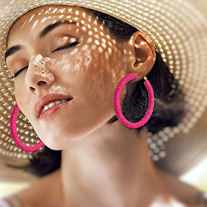 Handmade Rattan Earrings - Large Circle Braided Straw Wicker Drop Earrings - Light Weight Summer Hoops - color: B pink