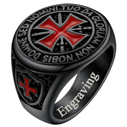 FaithHeart Mens Stainless Steel Crusader Jerusalem Cross Ring with 18K Gold Plated Two Tone Ring Size 7,8,9,10,11,12 - color: 06. Crusader Cross-Black(Custom)