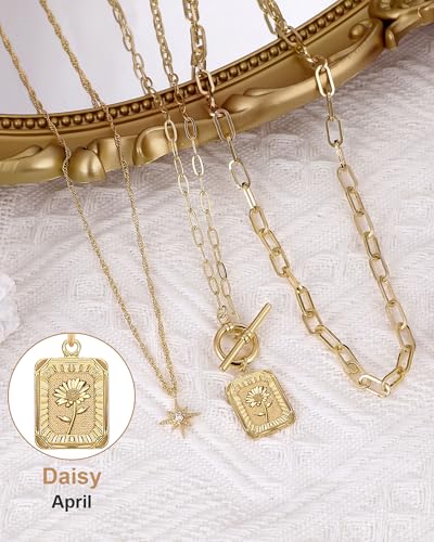 MJartoria Layered Necklaces for Women, 14K Gold Plated Brass | Star Choker, Square Birth Flower, Paperclip Chain, Trendy - color: Gold, style: Z04-Daisy
