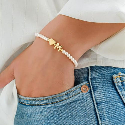 M MOOHAM Pearl Initial Bracelets for Teen Girls, Heart Letter A-Z Bracelets | 14K Gold Plated Heart Letter Bracelet, Dainty Stretch Pearl Initial Bracelet, 6-14 Year Old Girl Birthday Gifts for Teen Girl - color: K