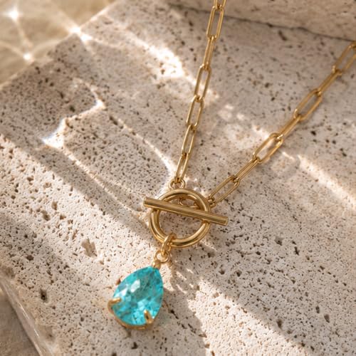 Teardrop CZ Pendant Paperclip Chain Necklace 18K Plated Paperclip Toggle Necklace Jewelry Birthstone Gift for Women - color: Aquamarine-March