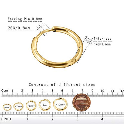 EACHLP Tiny Hoop Earrings 18K Real Gold Plating Surgical Steel Unisex - style: 6/8/10 Gold