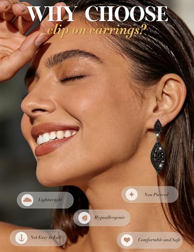 THUNARAZ Clip on Earrings for Women Non Pierced Glitter Rhinestone Crystal | Clip-On Earrings, Wedding Bridal Earrings, Non Pierced Ears, Dangle Earrings, Fake Earrings, Fashion Jewelry - color: Black