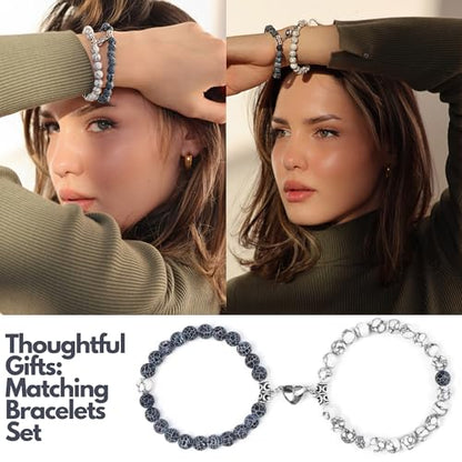 Set Of 2 Couples Bracelet Magnetic Healing Natural Bead Stone Stretch Bracelet Unisex Anniversary, Friendship, Valentine, Christmas Gift - color: Howlite+Blue Weathered, style: Without Giftbox