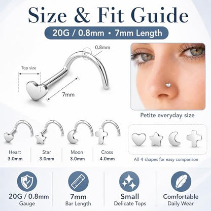 20G Nose Rings for Women, L Shaped Nostril Piercing Studs | 316L Stainless Steel, 0.8 mm×7 mm, 2 mm CZ or 3-4 mm Heart, Star, Moon and Cross, Gold-Tone or Silver-tone, Daily Wear - style: Moonlight Silver