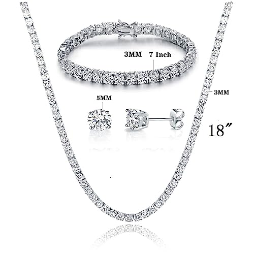 18K White Gold Plated Tennis Necklace/Bracelet/Earrings Sets Pack of 3 - style: 3.0mm with 7In bracelet&18In necklace