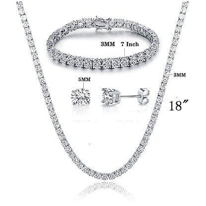 18K White Gold Plated Tennis Necklace/Bracelet/Earrings Sets Pack of 3 - style: 3.0mm with 7In bracelet&18In necklace
