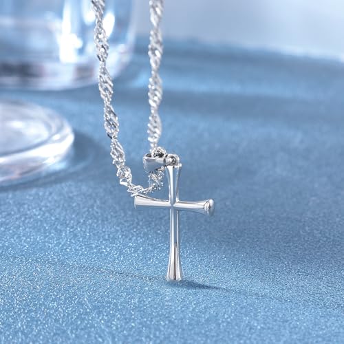 Small Cross Pendant Necklace for Women, 18" + 2" Wave Chain Stainless Steel - color: Silver