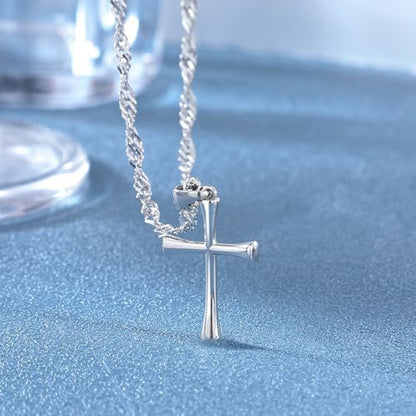 Small Cross Pendant Necklace for Women, 18" + 2" Wave Chain Stainless Steel - color: Silver