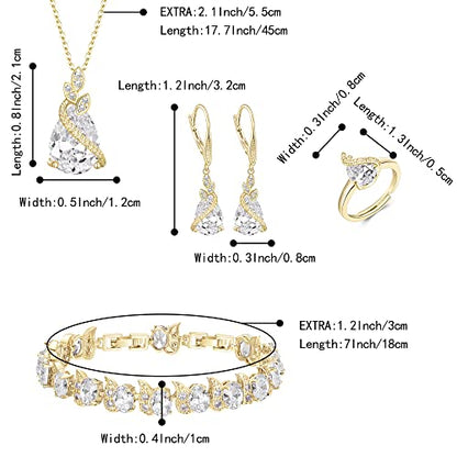Jewelry Set for Bride, Sparkling Water Drop Cubic Zirconia Crystal Pendant Necklace Leverback Earrings Tennis Bracelet Adjustable Ring Gift for Wedding/Birthday/Mother's Day/Christmas - color: 09-Clear Gold-Plated-Brass