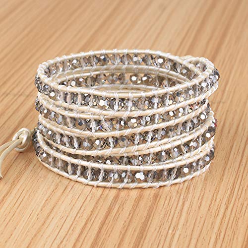 KELITCH New Gray Crystal Beaded 5 Wrap Bracelet On Leather Friendship Bracelets Jewelry for Womens