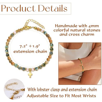 BROCC 9PCS Cross Christian Bracelets for Women | Christian Inspirational,Adjustable 4MM Beaded,Healing Natural Stone,Confirmation Baptism Easter Gifts - color: A