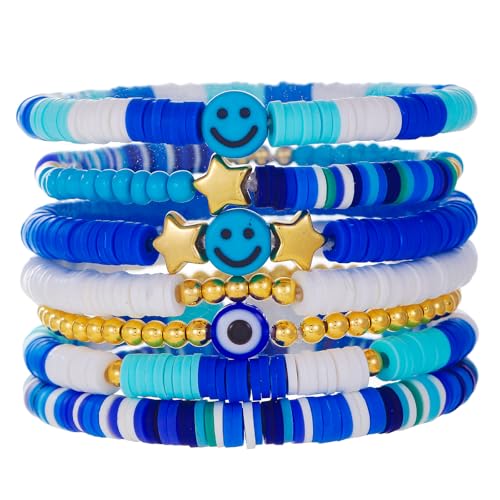 Friendship Bracelets for Women - Heishi Surfer Colorful Smile Evil Eye Clay Beaded Stretch Bracelets Elastic Layering - Stackable Boho Disc Y2K Aesthetic Summer Jewelry Set. - color: Smile-7pc-Blue