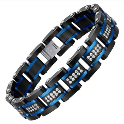 Holizaly Men's Stainless Steel Two Tone Square Link Bracelet, Black and Blue Ion Plated Black - color: blue-black 16