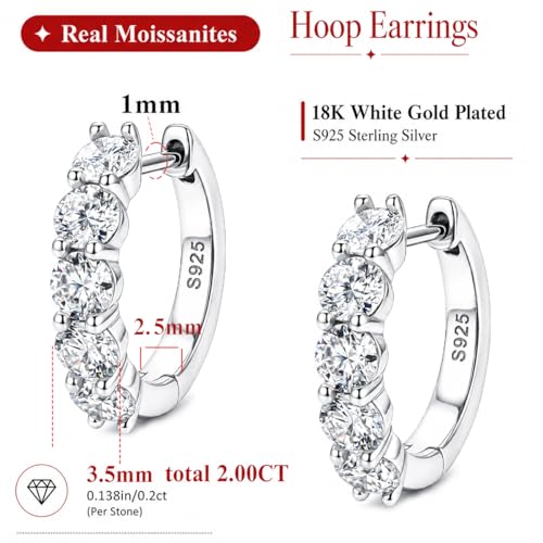 Moissanite Hoop Earrings Huggie Hoops Earrings for Women, 2ct D Color VVS1 18K White Gold Plated S925 Hypoallergenic, Wedding Earrings Jewelry for Gifts - color: Silver