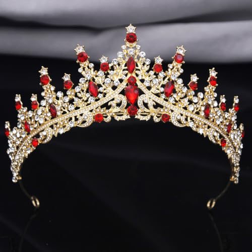 Women Tiaras and Crowns Bridal Jewelry Set with Rhinestones, Gold Plated Floral Necklace Tiara and Earrings, Wedding Birthday Party Accessories - color: Gold Red