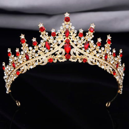 Women Tiaras and Crowns Bridal Jewelry Set with Rhinestones, Gold Plated Floral Necklace Tiara and Earrings, Wedding Birthday Party Accessories - color: Gold Red