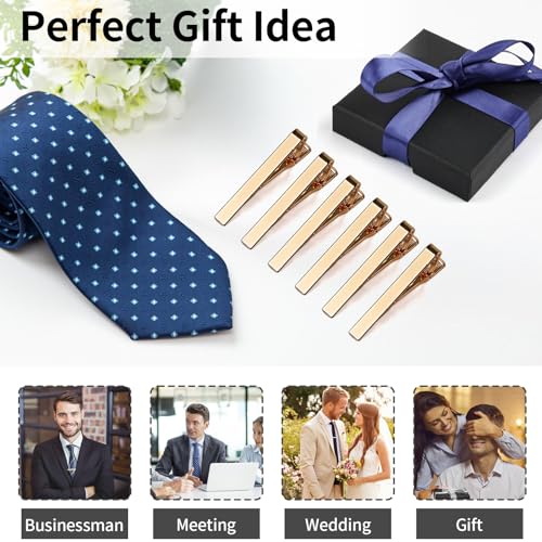 MOWPOG 6 Pcs Tie Clips for Men, Tie Bar Pins Tacks with Gift Box | Copper, Shiny & Glossy, for Father, Husband, Boyfriend, Business, Wedding, Suit Accessories, Easy to Open, Won't Fade/Scratch - color: Gold